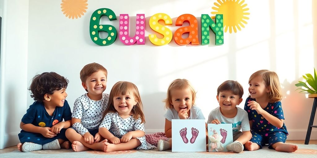 Children smiling near custom name wall art and baby footprint art.