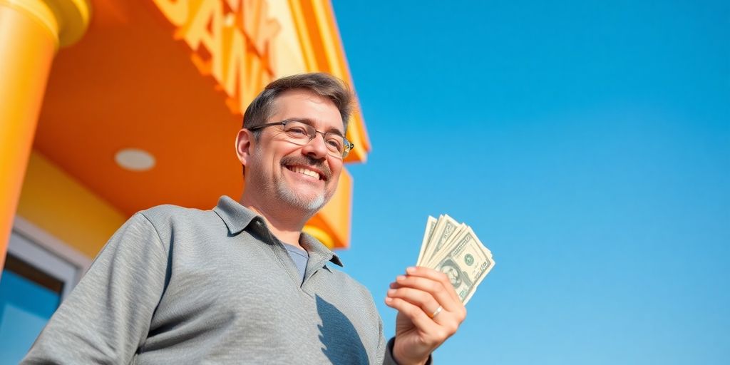 Man smiling, holding money, and looking at a building.