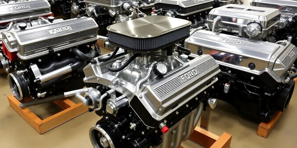 Various Ford crate engines displayed.