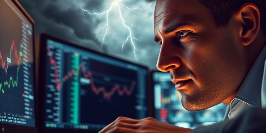 Trader watching multiple screens, stormy financial backdrop.