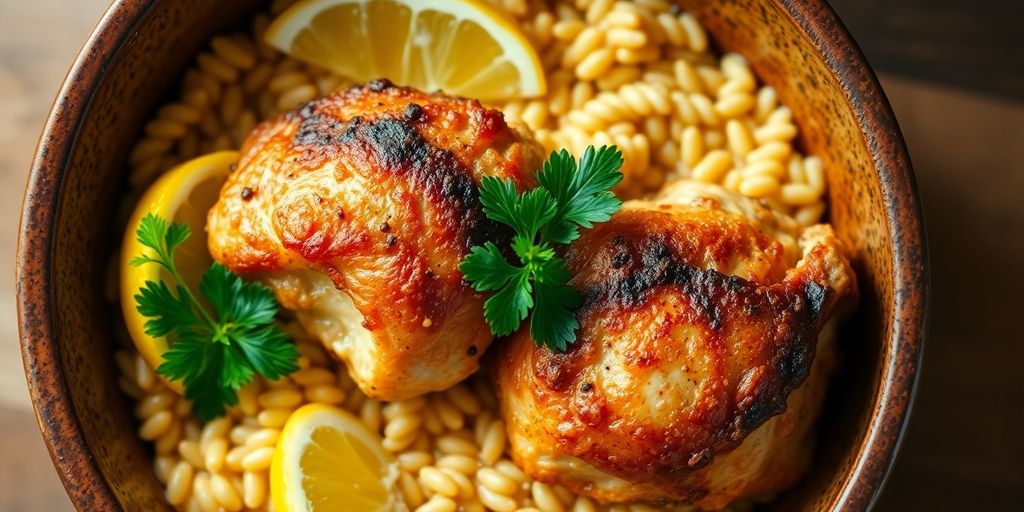 Crispy chicken thighs, creamy orzo, lemon wedges, and fresh herbs.