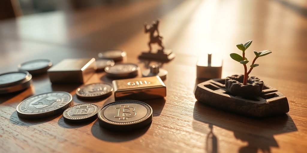 Diverse assets on a wooden table, warm light.
