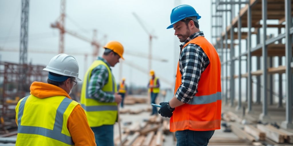 Großprojekt im Baugewerbe: Wie Zeitarbeit den Projektverlauf rettete Mitarbeiter mit Werkzeugen auf einer Baustelle mit blauen Akzenten.