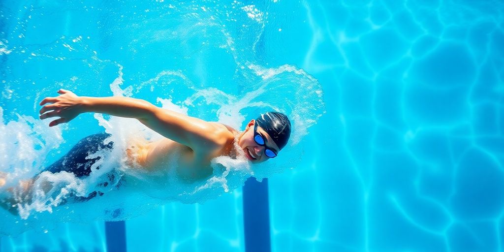 Swimmer's powerful strokes in a 50m pool race.