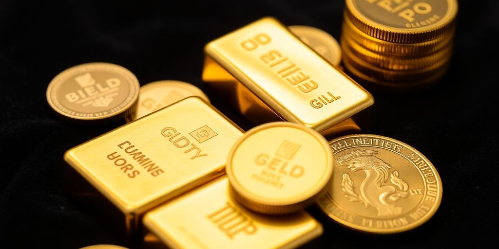 Des barres et pièces d'or sur un fond sombre.