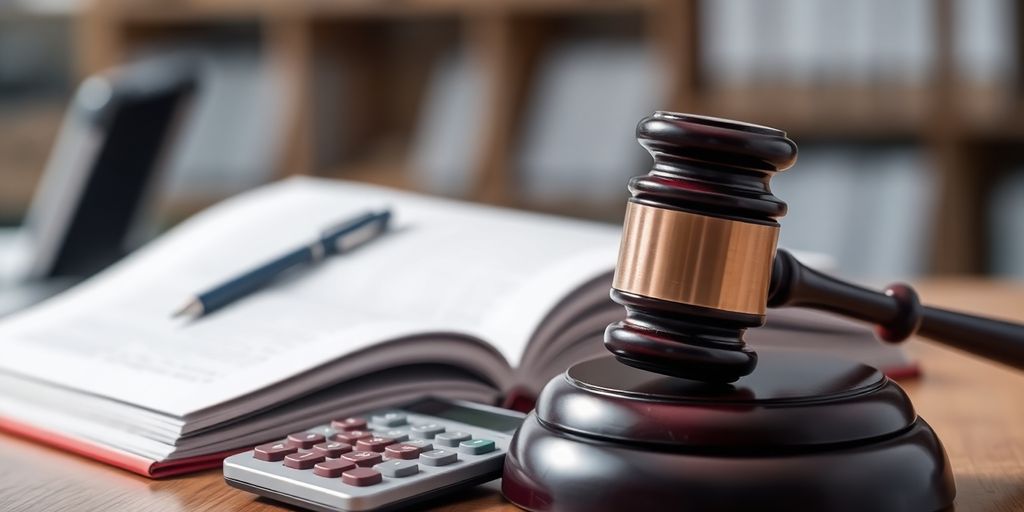 Ambiente de trabalho jurídico com livros e calculadora.
