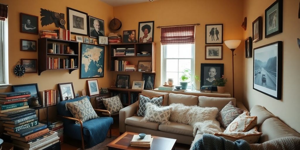 Cozy room with personal accessories and warm decor.