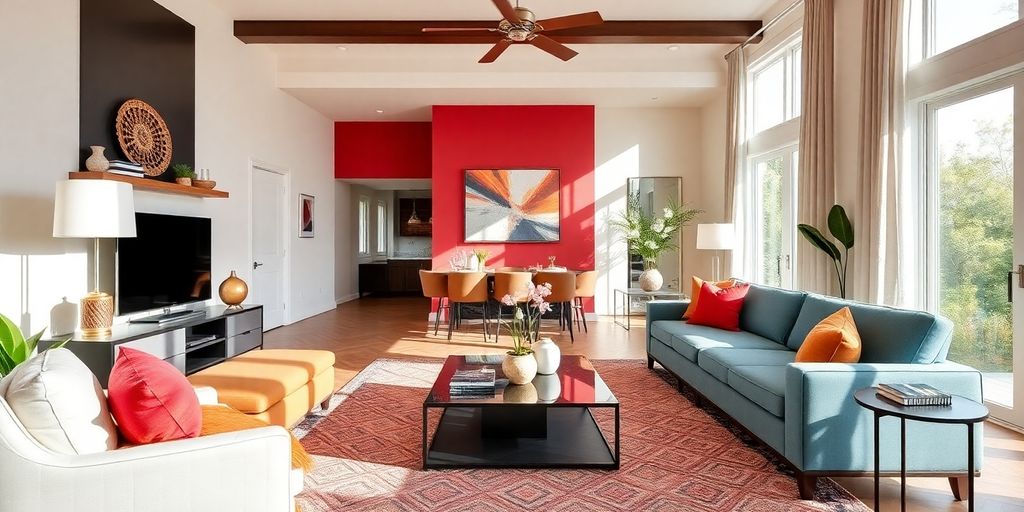 Modern living room with stylish decor and natural light.