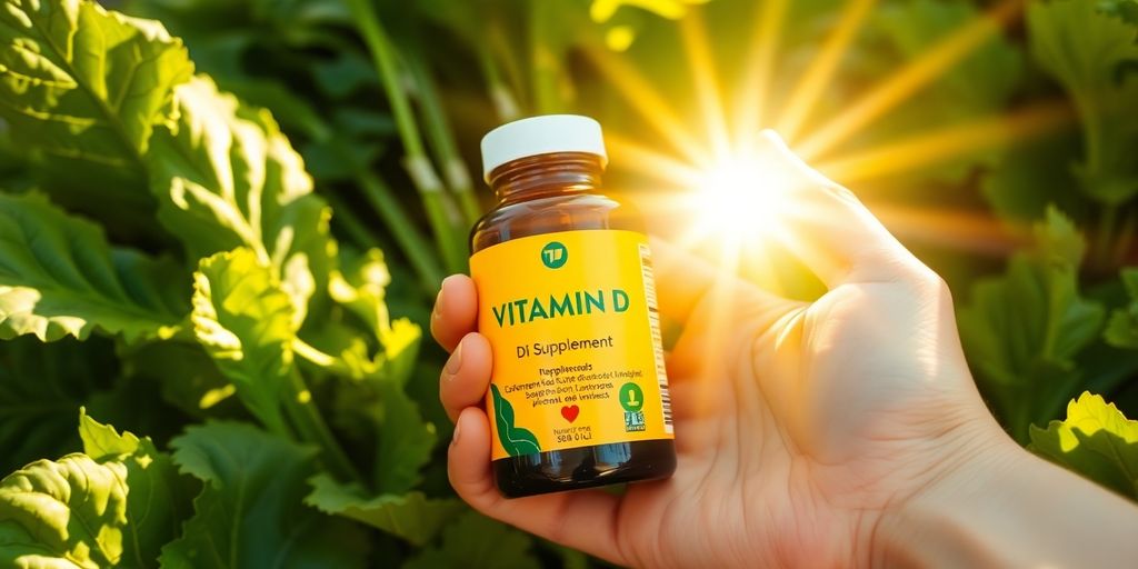 Hand holding vitamin D supplement with fresh vegetables.