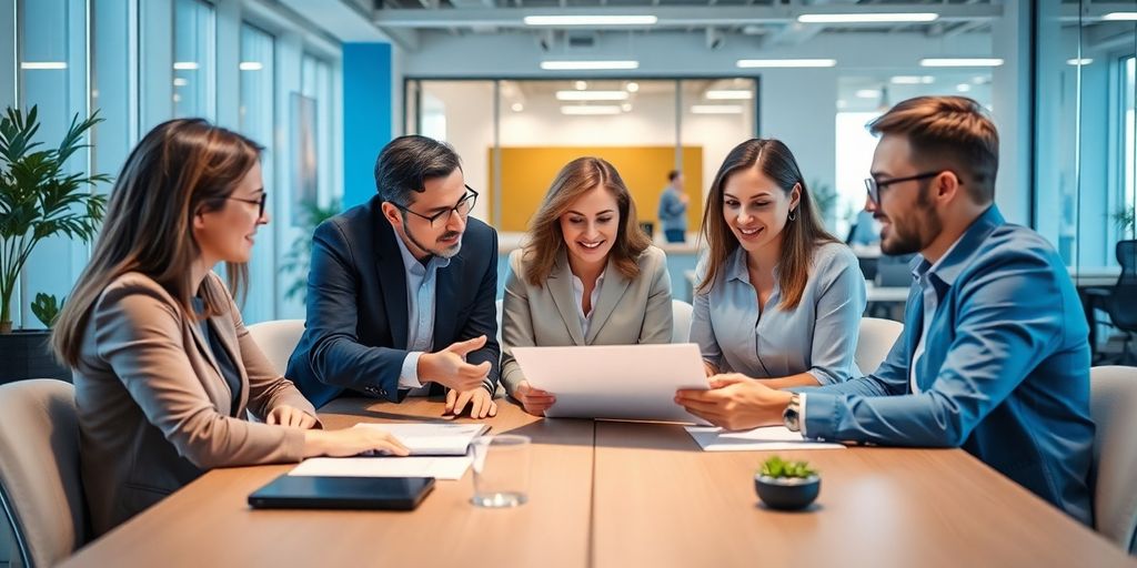 Professionelle Teamarbeit in einem modernen Büro mit blauen Akzenten.