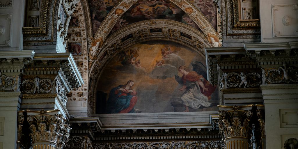 A church with a painting on the wall