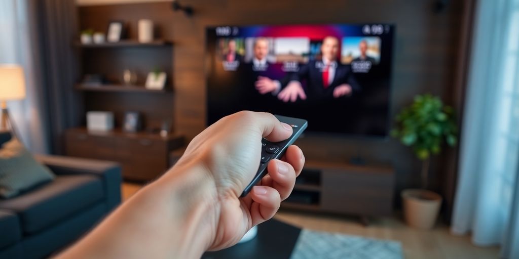 Person using smart TV remote in a cozy living room.