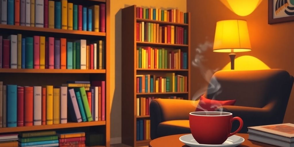 Cozy reading nook with books and a tea cup.