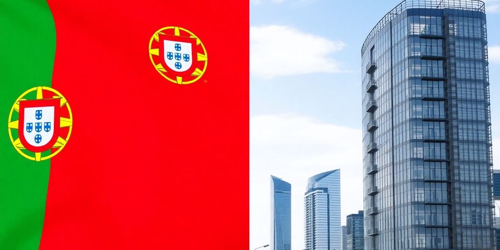 Portuguese flag and modern financial buildings.