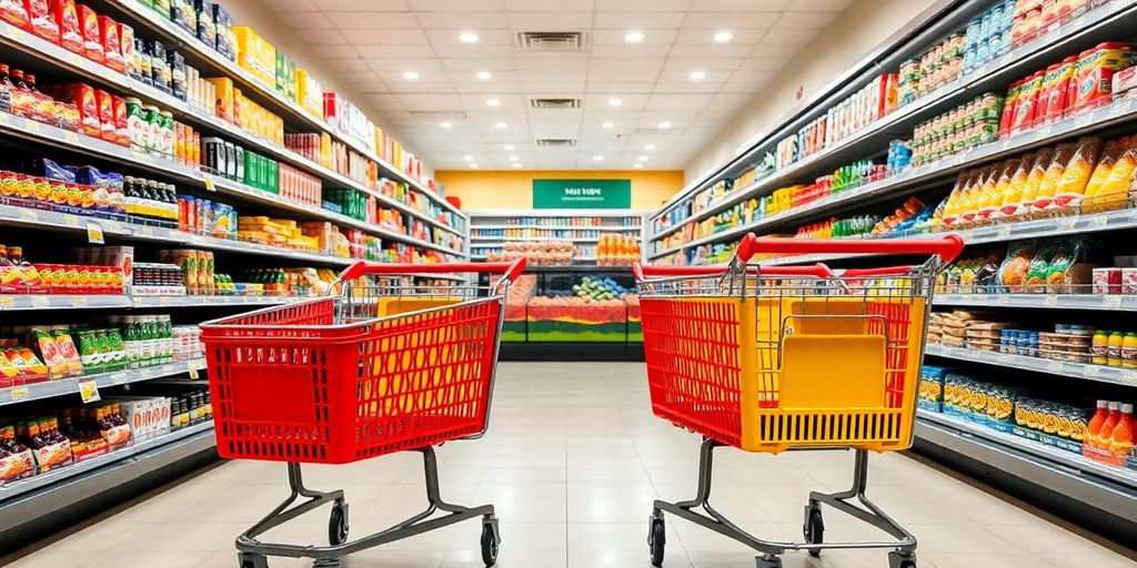 Deux chariots de supermarché colorés alignés dans une longue allée