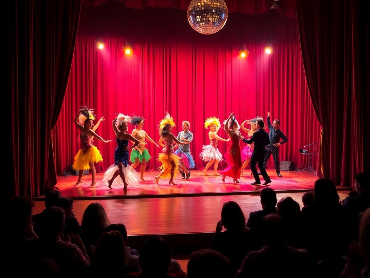 Danzatori în costume colorați pe scenă, lumină caldă, podea lustruită