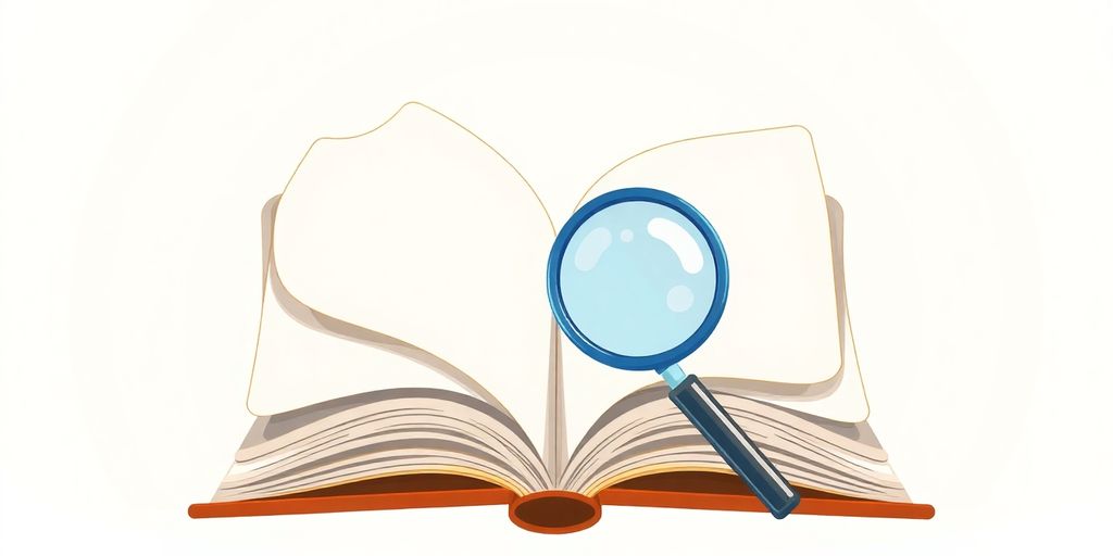 Open book, magnifying glass