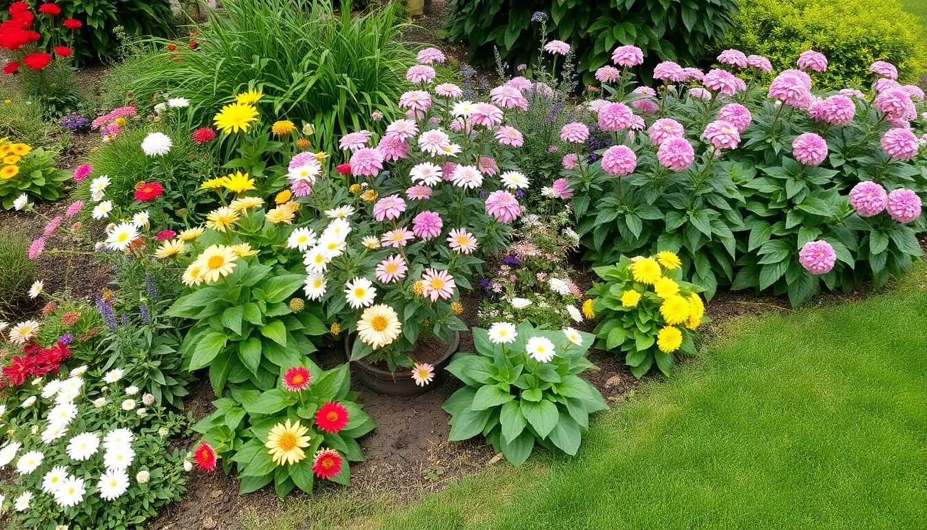 Vibrant garden with flowering plants and lush greenery.
