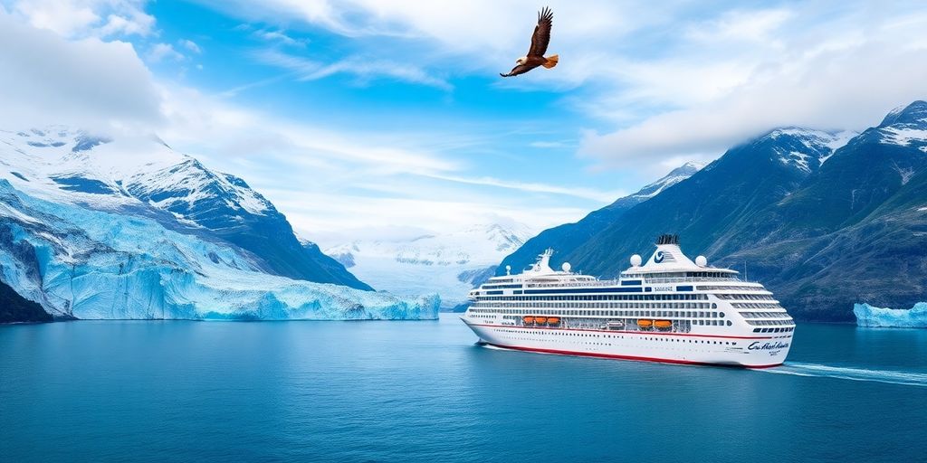 A Holland America cruise ship sails past a massive glacier.