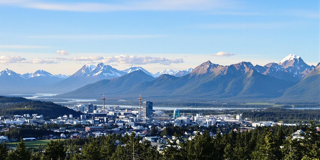 Scenic landscape of Anchorage, Alaska at sunrise.