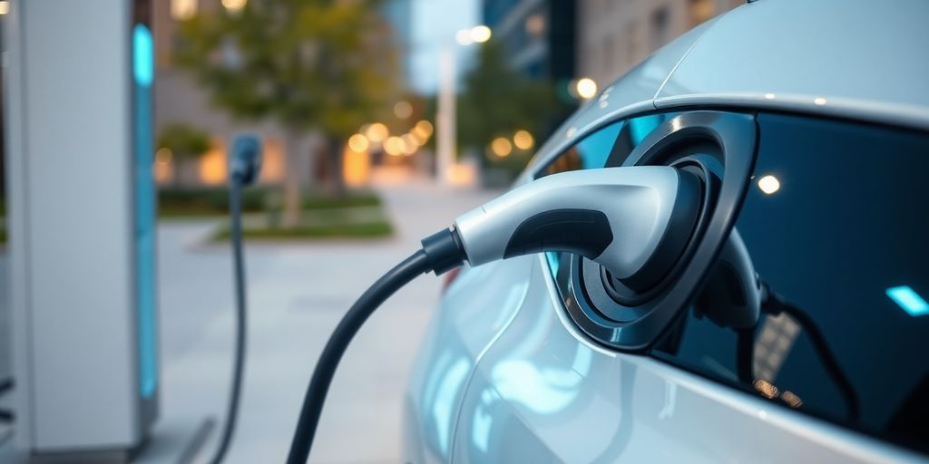 Electric vehicle charging at a station in an urban setting.