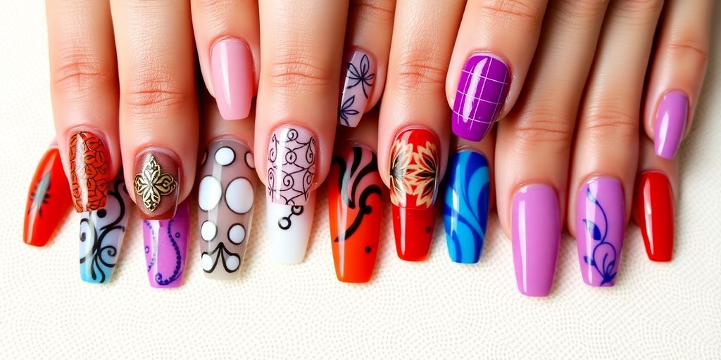 Várias unhas em gel coloridas e bem decoradas.