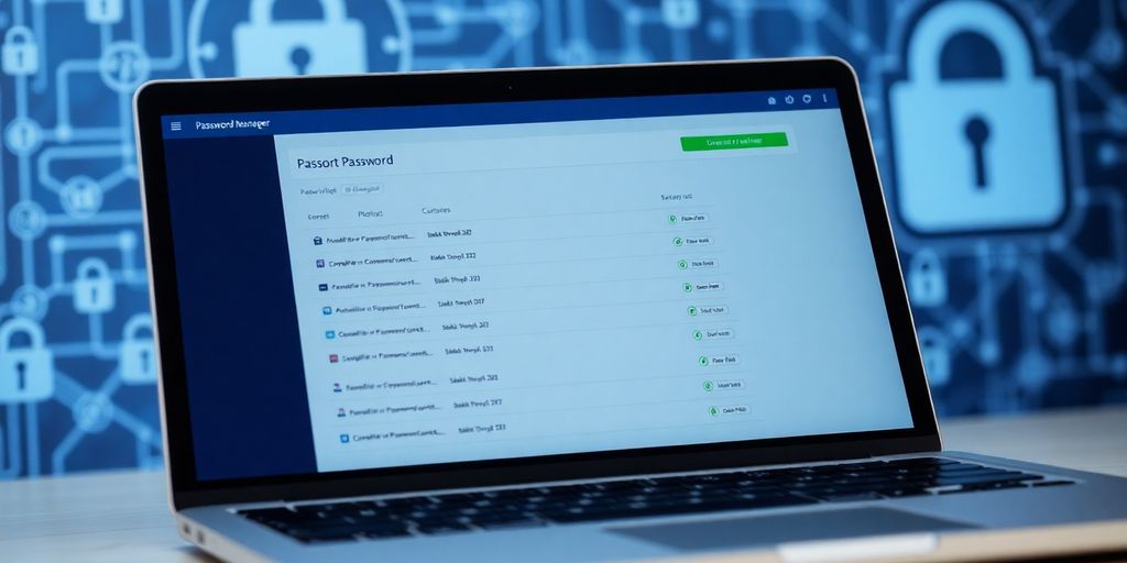 Close-up of a laptop showing password manager interface.