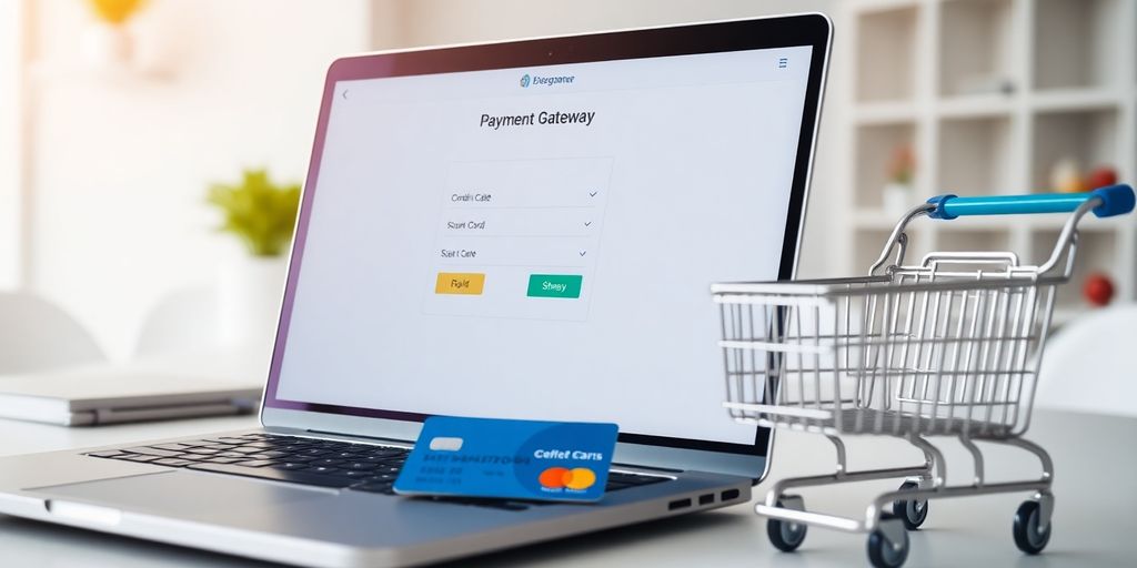 Laptop with payment gateway and credit card on desk.