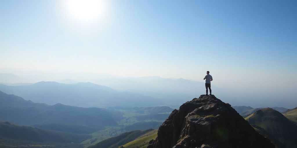 Person reaching mountain peak with sunrise.