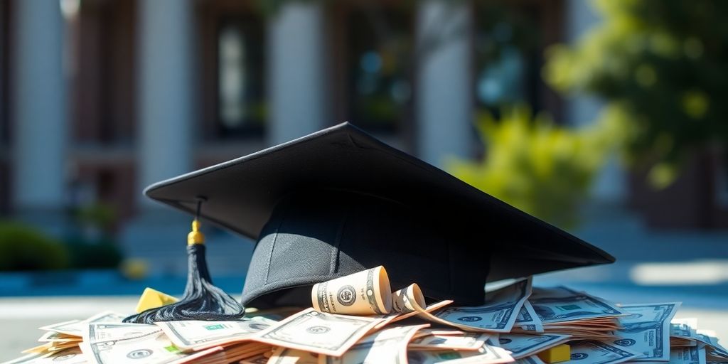 Graduation cap adorned with dollar bills.
