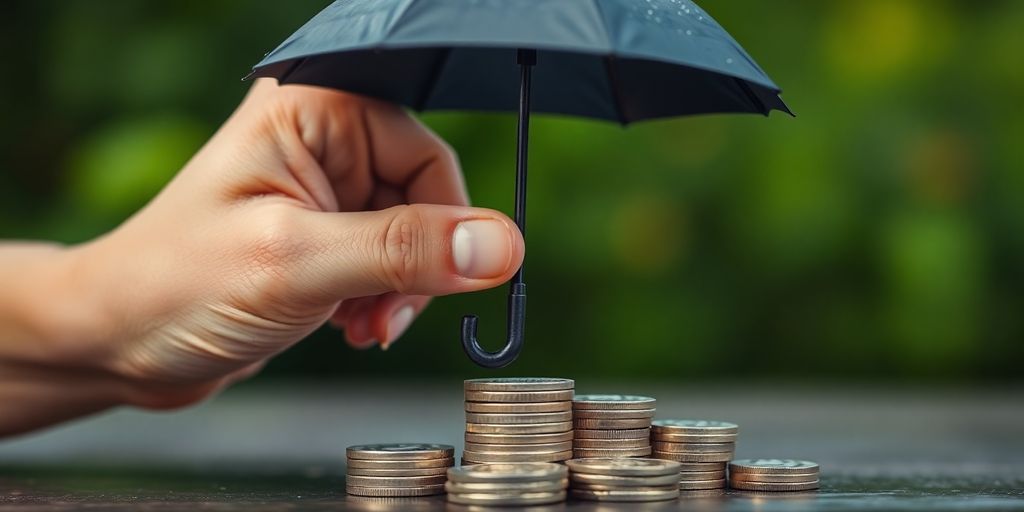 Hand holding an umbrella over coins for protection.