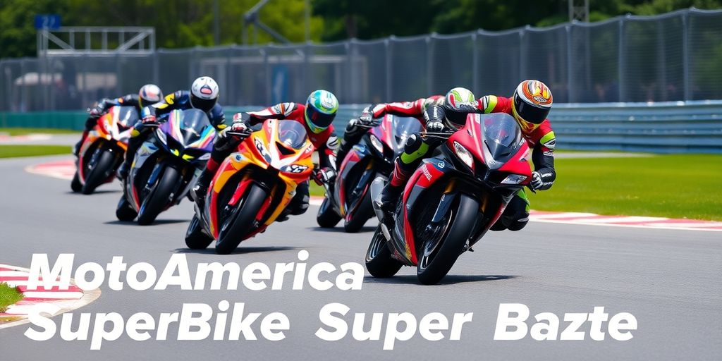 Superbikes racing on track with riders in leathers.