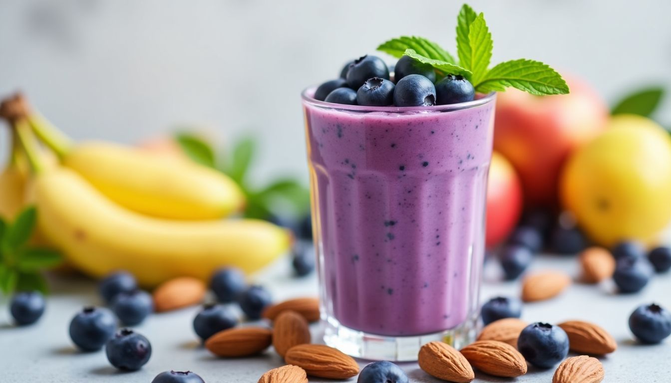 Blueberry Almond Smoothie with blueberries and mint garnish.