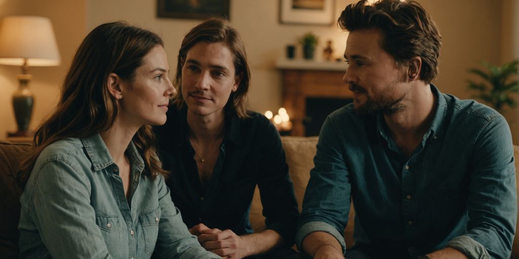 Couple discussing polyamory in a comfortable living room.