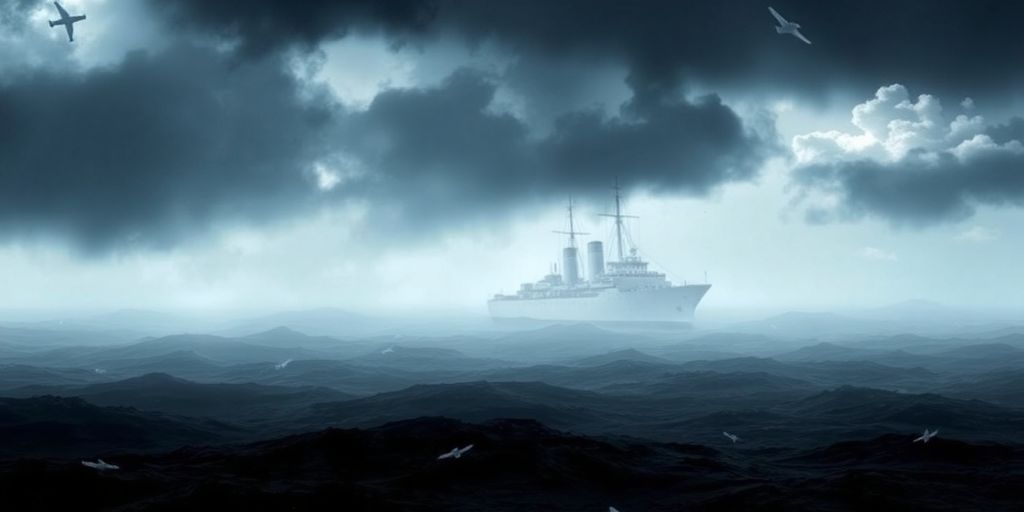 Mysterious ocean with turbulent waters and foggy horizon.