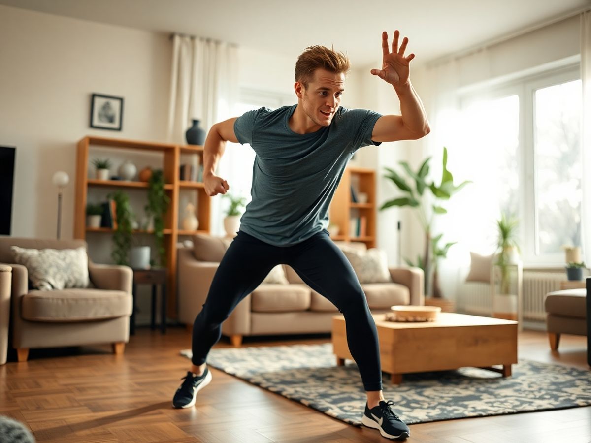 Femeie zâmbind făcând exerciții HIIT în sufragerie.