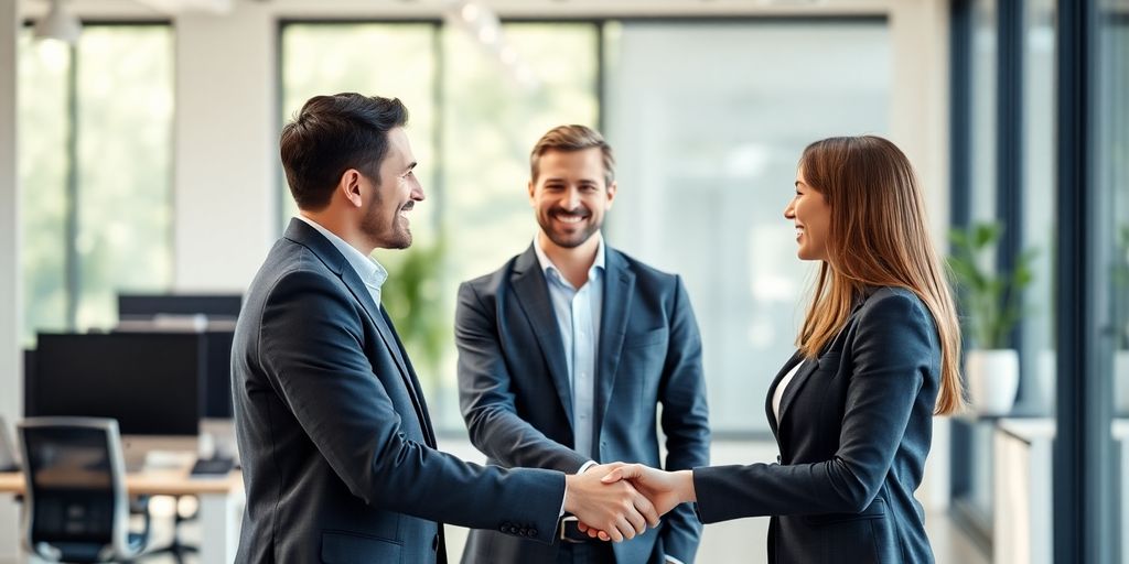 Two professionals smiling, shaking hands warmly.