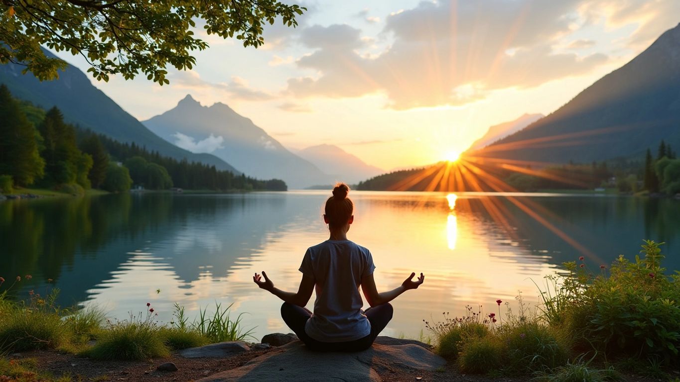 Person meditating by a calm lake at sunrise.