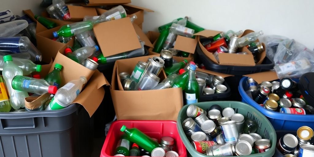 Separate bins overflowing with sorted recyclables