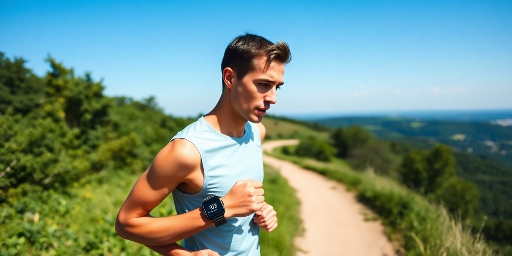 Runner training on a trail with a watch.