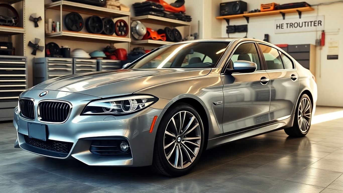 BMW car with affordable parts in a garage.