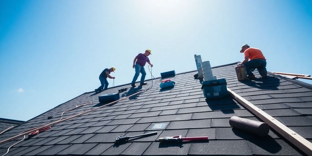 Roof installation workers on a sloped roof with tools.