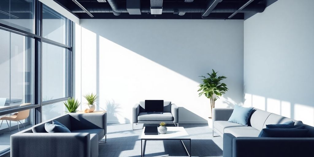 Professionelles Bürolicht mit blauen Akzenten beleuchtet einen Arbeitsplatz.
