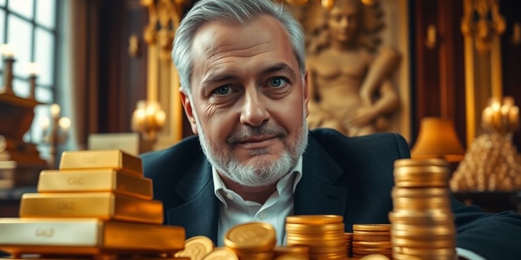 Portrait de Charles Gave avec des lingots d'or.
