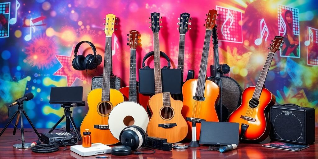 Music instruments and audio equipment in a creative arrangement.