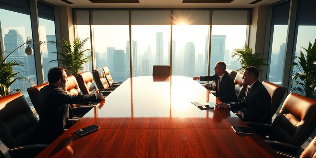 Executives in tailored suits shaking hands at mahogany conference table.