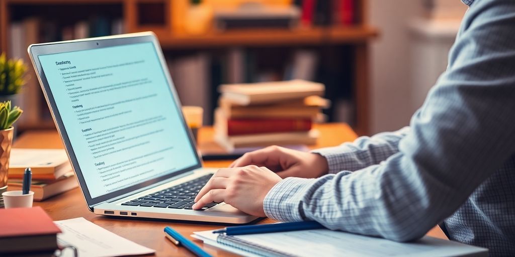 A writer at a desk with a laptop and notes.