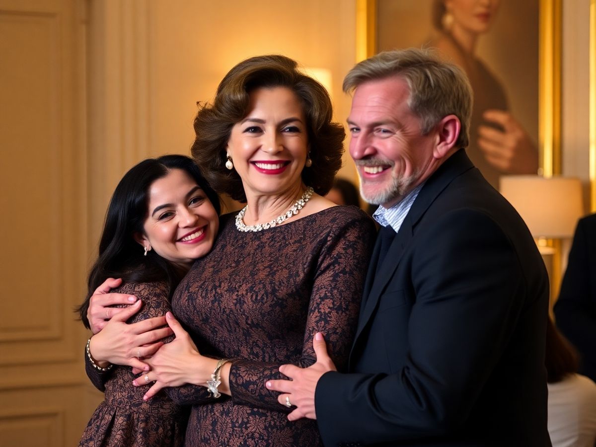 O femeie celebră îmbrățișând familia sa.