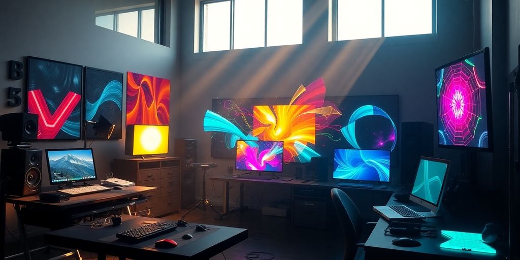 Digital studio with glowing creative tools.