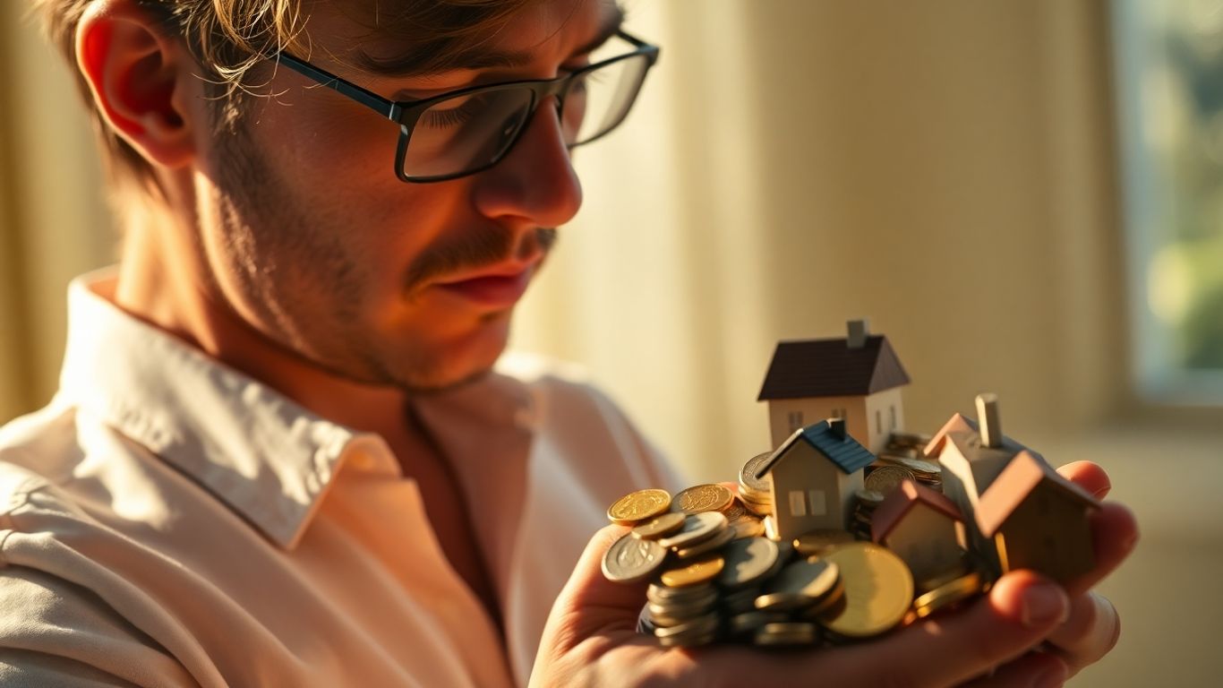 Person considering coins and property